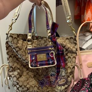 Coach Tan and Gold Shoulder Bag with Plaid Accent